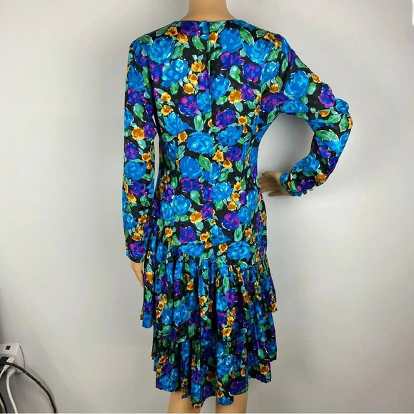 Vintage Lindsey Blake Petites Bright Floral Pleat Layered Cocktail Dress 8P - Picture 2 of 7